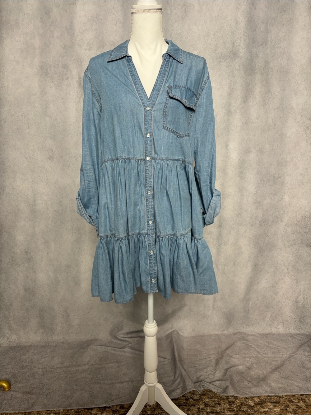 Veronica Beard Light Blue Tiered Chambray Mini Dress - Picture 2 of 6